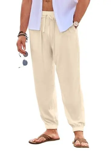Produktbild: JMIERR Herren Leinenhose Lang Leicht Sommerhose Loose Fit mit Taschen Elastischer Bund Freizeithose Sommer Herbst Aprikose L