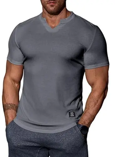 Produktbild: JMIERR Herren Muscle Slim T-Shirt V Ausschnitt Longline Henley Shirt Gym Workout Athletic T-Shirts Grau 3XL