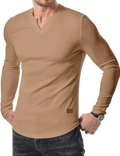 Produktbild: JMIERR Herren V-Ausschnitt Ribbed T-Shirts 2024 Rippen Langarm Basic T Shirt Muscle Shim Fit Khaki M