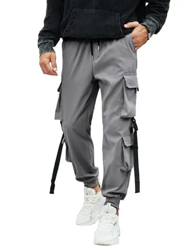 Produktbild: JMIERR Hose Cargo Herren Lange Jogginghose Baggy Hose Sporthose Elastische Taille Kordelzug mit Taschen,A Grau,L