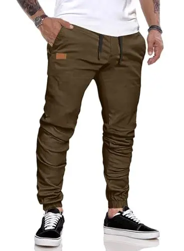 Produktbild: JMIERR Herren Jogginghose Chino Hose Baumwolle Casual Freizeithose Elastische Taille mit Kordelzug Sweatpants Herren mit Taschen, Braun S