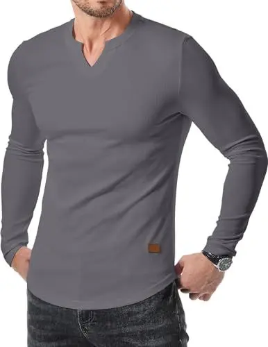 Produktbild: JMIERR Kragen Herren T-Shirts Langarm Casual Fitness Ribbed T-Shirts 2024 Longline Tee Grau XL
