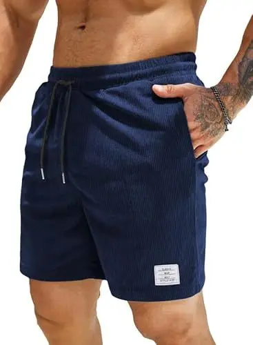 Produktbild: JMIERR Kurze Hosen Herren Corduroy Shorts Sommer Baumwolle Leinen mit Gummizug Taschen Blau 3XL
