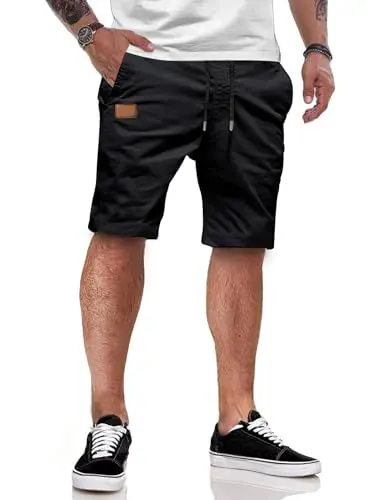 Produktbild: JMIERR Kurze Hosen Herren Shorts Herren Sommer Chino Baumwolle Elastische Taille mit Taschen Schwarz L