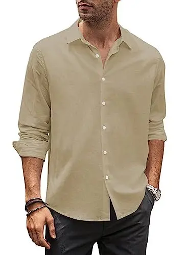 Produktbild: JMIERR Leinenhemd Herren Sommer Hemden Langarm Casual Freizeithemd Regular Fit Baumwolle Stehkragenhemd Braun M
