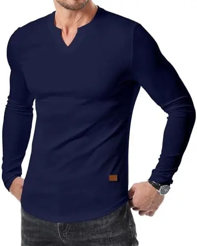 Produktbild: JMIERR Long Sleeve T-Shirts Herren Geteilter Kragen Ribbed T Shirt Muscle Slim Fit 2024 Basic Shirts Hem Blau XL