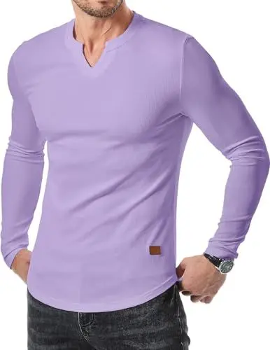 Produktbild: JMIERR T-Shirts für Herren Geteilter Kragen Ribbed T-Shirt Muscle Slim Fit 2024 Basic Langarm Shirts Hem Lila Lila L