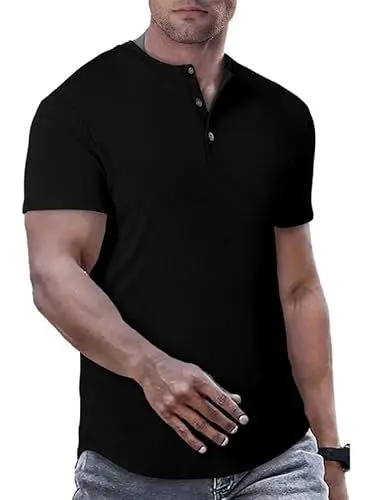 Produktbild: JMIERR T-Shirts für Herren Henley Shirt Kurzarm Muscle Slim Fit Basic T Shirt 2024 Sommer Button Hem Schwarz M