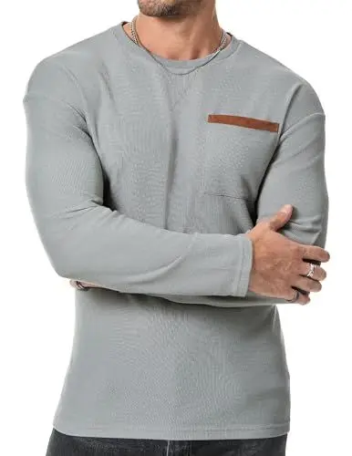 Produktbild: JMIERR T-Shirts für Herren Rundhalsausschnitt T-Shirt Loose Fit 2024 Langarm Shirts Hem mit Tasche Grau L
