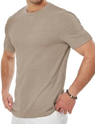 Produktbild: JMIERR T-Shirts für Herren Rundhalsausschnitt Textured Kurzarm Shirt Loose Fit Sommer T Shirt,Beige,S
