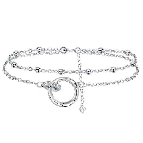 Produktbild: J.MUEN Fußkettchen Silber 925 für Damen,Doppelring Fußkette für Sommer Strand Schmuck Geschenk für Frauen Mädchen, Verstellbare Fußkette 22+4cm