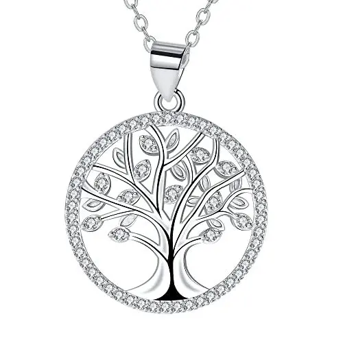 Produktbild: J.MUEN Lebensbaum Kette Damen 925 Sterling Silber Anhänger mit Halskette 45+5cm, Schmuck Geschenke für Frauen (Silber-2)