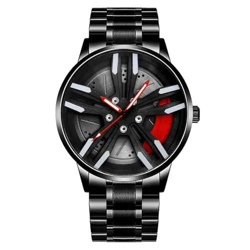 Produktbild: JOATVEE Herrenuhr mit Felge, Motorsport-Uhr im 3D-Felgen-Design, wasserdichte, leuchtende Edelstahluhr Designeruhr mit Mineralglas, Quarzuhr