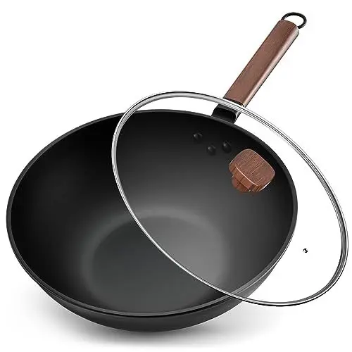 Produktbild: Jobin 33cm/5,6L Wokpfanne mit Deckel Wok aus Kohlenstoffstahl Ohne Chemische Beschichtung und zum Kochen von Asiatischen Gerichten für 4-6 Personen, Induktion, Elektro, Gas