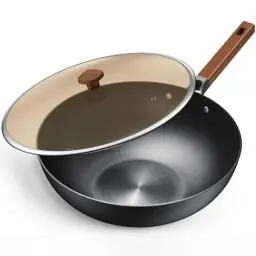 Produktbild: Jobin Wokpfanne 32cm/5,2L Pfanne mit Deckel Karbonstahl Wok Ohne Chemische Beschichtung und zum Kochen von Asiatischen Gerichten für 4-6 Personen für Alle Herdarten Geeignet