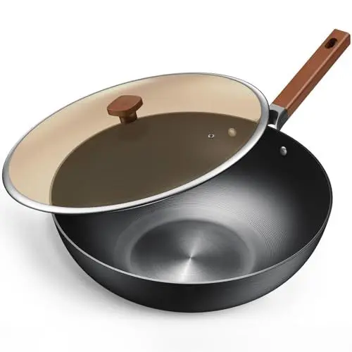 Produktbild: Jobin Wokpfanne 32cm/5,2L Pfanne mit Deckel Karbonstahl Wok Ohne Chemische Beschichtung und zum Kochen von Asiatischen Gerichten für 4-6 Personen für Alle Herdarten Geeignet