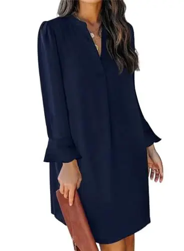 Produktbild: JOCAFIYE Einfache Einfarbige Lose Rüsche Langarm V-Ausschnitt Mini Frühling Herbst Kleid Frauen Shift Kleid Blau XL