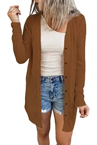 Produktbild: JOCAFIYE Damen Beiläufig Strickjacke Lang Cardigan Leichte Einfarbig Lang Open Front Knitwear Langarmshirt Top Brown XL