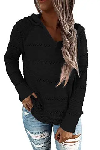 Produktbild: JOCAFIYE Damen Knit Hoodie Sweatshirts Langarm Hoodies Casual Patchwork Kapuzenpullover Streifen Pullover J Black L