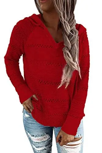 Produktbild: JOCAFIYE Damen Lange Ärmel mit V-Ausschnitt Sweatshirts Kapuzenpullover Langarm Blusen Casual Herbst und Winter Blusen J Red M