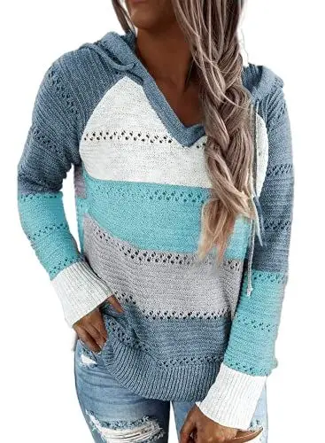 Produktbild: JOCAFIYE Damen Strickpullover Pullover Hohl Design Hoodie Lässiger Kapuzenpullover Strickpullover mit Kordelzug Blue XXL