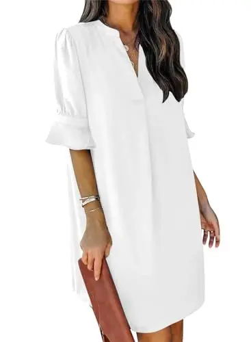 Produktbild: JOCAFIYE Frauen Sommer Kurzarm Kleider V-Ausschnitt Casual Flowy Swing Party Club Mini Kleid White L