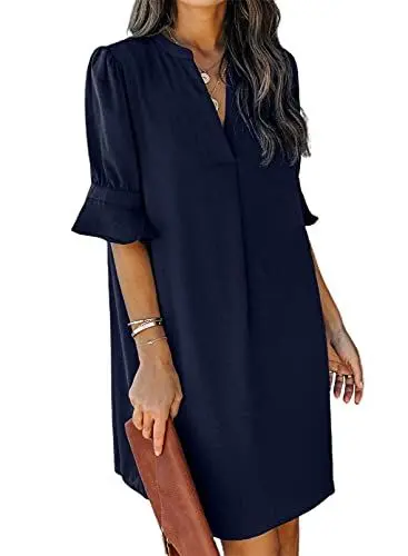 Produktbild: JOCAFIYE Frauen V-Ausschnitt Rüschen Hemdkleid Einfarbige Casual Sommer Kurzes Einfarbig Kleid Blau S