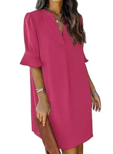 Produktbild: JOCAFIYE Frauen V-Ausschnitt Rüschen Hemdkleid Einfarbige Casual Sommer Kurzes Einfarbig Kleid Rose S