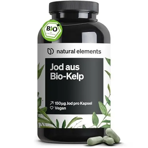 Produktbild: Jod aus Bio-Kelp – 365 Kapseln – 150µg Jod aus Braunalgen – Bio-Qualität für die Schilddrüse – vegan, hochdosiert, ohne unnötige Zusätze – in Deutschland produziert & laborgeprüft