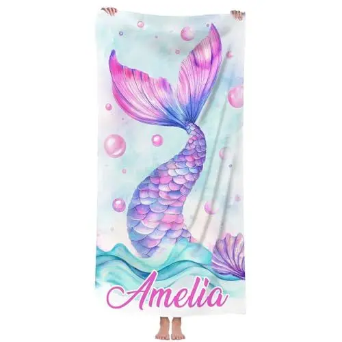 Produktbild: Jodimitty Mikrofaser Strandtuch Personalisiertes Name Wasserabsorbierend Schnelltrocknend Strandhandtuch für Erwachsene Kinder Strand Schwimmbad, 60x120cm/76x152cm/90x180cm (Meeresfee)