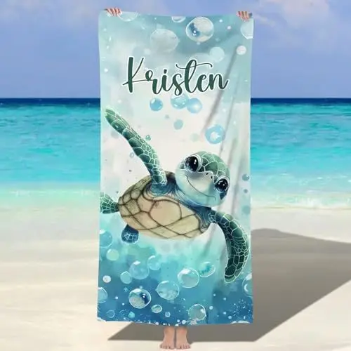 Produktbild: Jodimitty Mikrofaser Strandtuch Personalisiertes Name Wasserabsorbierend Schnelltrocknend Strandhandtuch für Erwachsene Kinder Strand Schwimmbad, 60x120cm/76x152cm/90x180cm (Meeresschildkröte)