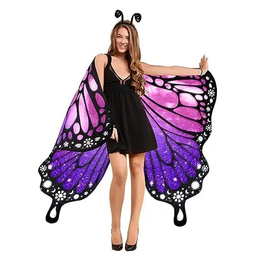 Produktbild: Jodimitty Schmetterling Kostüm Damen Feenschal, doppelseitiger Druck Lila Schmetterlingsflügel mit Antenne Stirnband, Halloween Kostüm Damen, Upgrade Strap