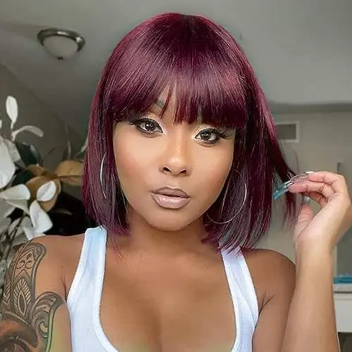 Produktbild: Joedir kurze Echthaar-Perücke gerade Bob-Perücke mit Pony Burgunder Bob Perücken für Frauen brasilianische gerade keine Lace Front Perücken für den täglichen Verschleiß 8 Zoll