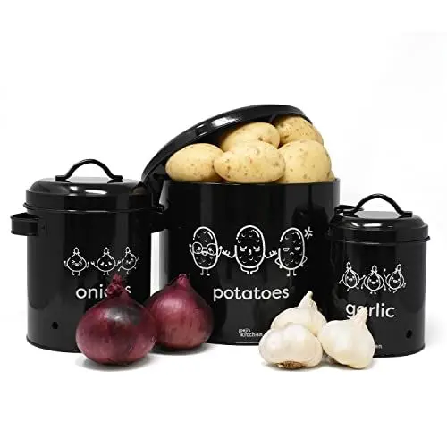 Produktbild: joeji's Kitchen kartoffel aufbewahrungsbox 3er-Set Metall kartoffel zwiebel knoblauch aufbewahrung Mit Deckel mit 360°-Luftzirkulation hält Gemüse länger frisch Gemüse Aufbewahrung - Schwarz