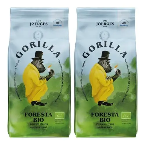 Produktbild: Joerges Gorilla Foresta Kaffee 2x 1000g geröstete ganze Bohnen Doppelpack | Qualitäts-Kaffee Arabica Blend Ganze Bohne | Siebträger Vollautomat | Espresso-Kaffee