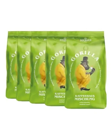 Produktbild: Joerges Gorilla Kaffeehaus-Mischung, 5er Vorteilspack (5x 1000g), ganze Kaffeebohnen, Röstkaffee, Caffè