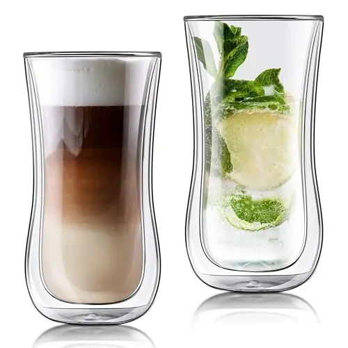 Produktbild: Joeyan 400ML Doppelwandige Kaffeegläser, 2er Set Latte Macchiato Gläser, Groß Borosilikatglas Cappuccino Tassen, Durchsichtig Teebecher,Thermogläser für Milch Saft Eistee Iced Americano Getränke Bier