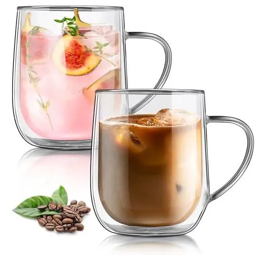 Produktbild: Joeyan 450ML Doppelwandige Kaffeegläser mit griff, Transparent Schwebeeffekt Thermogläser, Doppelwandig Teebecher mit henkel,2er Set Latte Macchiato Gläser, Groß Borosilikatglas Cappuccino Tassen