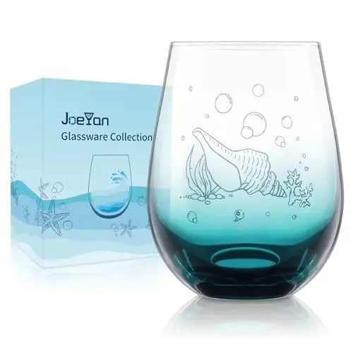 Produktbild: Joeyan 520ml Graviert Weingläser Ohne Stiel mit Turbo-Muscheln Motiven, Unterwasserwelt Weingläser Blau mit Farbverlauf für Bars Zuhause Restaurant, Romantisches Weinglas-Geschenk