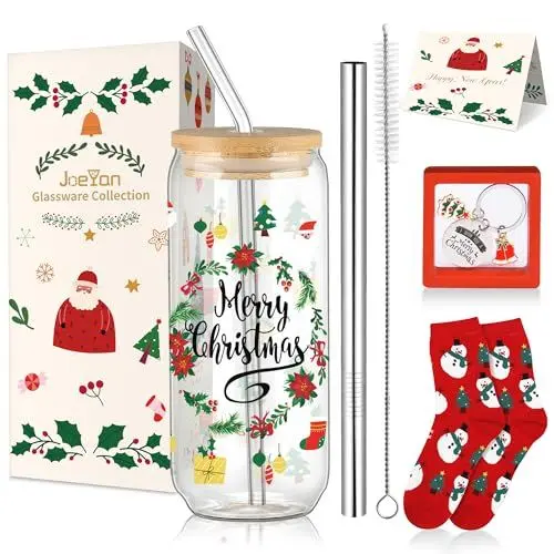 Produktbild: Joeyan 600ml Weihnachten Trinkbecher mit Deckel und Strohhalm,Trinkgläser Dosenform mit Weihnachten,Aesthetic Longdrinkgläser, Eiskaffee Gläser, Bubble Tee Smoothies Becher,Glaswaren Geschenk