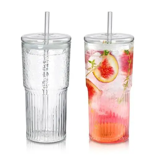 Produktbild: Joeyan 650ml Groß Trinkglas mit Deckel und Strohhalm, 2er Set Bubble Tea Becher, Outdoor Latte Macchiato Gläser, Glasbecher Spülmaschinenfest,Trinkbecher für Smoothie Eiskaffee Matcha Cocktail Saft