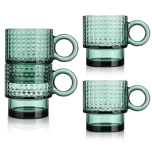 Produktbild: Joeyan Grün Kaffeebecher mit Henkel,Stapelbar Teegläser Trinkglas Kaffeegläser mit Diamant Design,Latte Macchiato Cappuccino Gläser,Glastassen für Wasser Saft Kakao,300 ml,Set von 4,Spülmaschinenfest