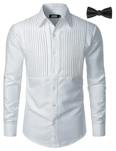 Produktbild: JOGAL Herren Langarm Smokinghemd Formelle Hemden Regular Fit Businesshemd Button Down Freizeithemd mit Fliege Weiß Groß