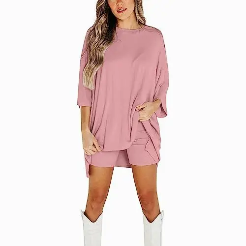 Produktbild: Jogginganzug Damen,Kuschelig Dünne 2 Teilig Hausanzug Damen Vorne Kurz Hinten Lang Tshirt Mit Schlitz Halbarm Hosenanzug Damen Kurz Hose Trainingsanzug Damen Einfarbig Hausanzug Damen Locker