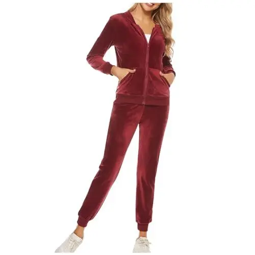 Produktbild: Jogginganzug Damen Set Samt-2-teiliges Winter Hausanzug Damen Kuschelig Kapuzenjacke Langarm Zipper Lange Sporthose Trainingsanzug Zipper Mit Kapuze Hosenanzug Jogging Einfarbig Mit Taschen