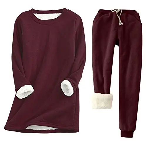 Produktbild: Jogginganzug Damen Warm Winter 2 Teilig Sweatshirt Damen Halblang Langarm Gefüttert Set Hosenanzug Damen Lang Hose Mit Taschen Trainingsanzug Damen Einfarbig Hausanzug Damen Schnürung Casual