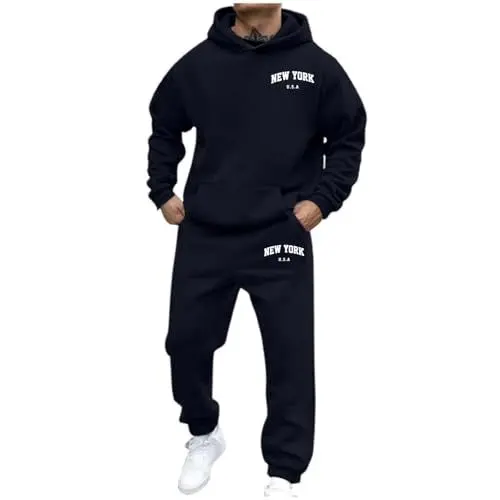 Produktbild: Jogginganzug Herren Set Trainingsanzug Sportanzug Einfarbig Baumwoll Sporthose Freizeitanzug Tracksuit 2 Piece Y2K Hoodie und Sporthose Laufanzug Atmungsaktiv Hausanzug mit Taschen 2025