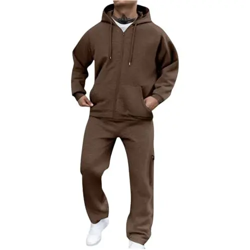 Produktbild: Jogginganzug Herren Sportbekleidung Trainingsanzug Freizeitanzug Einfarbig Hoodie Mit Kapuze Langarm Mit Taschen Hausanzug 2-Teilig Fitness Kapuzenjacke Klassisch Sportanzug braun