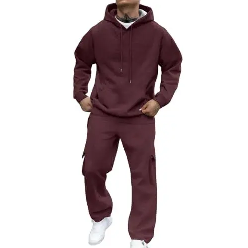 Produktbild: Jogginganzug Herren Sportbekleidung Trainingsanzug Freizeitanzug Einfarbig Hoodie Mit Kapuze Langarm Mit Taschen Hausanzug 2-Teilig Fitness Kapuzenjacke Klassisch Sportanzug Rot