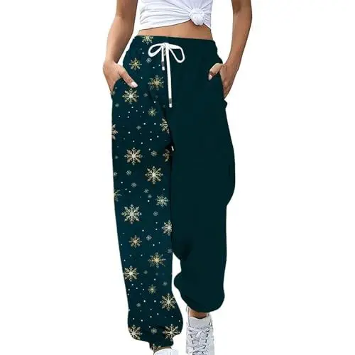 Produktbild: Jogginghose Damen Lang Christmas Jogginghose Weihnachten Print Sporthose Casual Hohe Taille Laufhose mit Elastischem Bund Sweatpants Weites Bein Joggpants mit Taschen Outdoorhose Baggy Loungehose